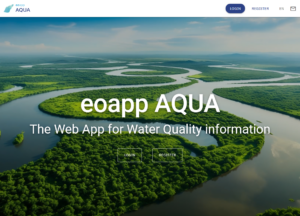 eoapp AQUA start screen showing a natural river flow inmidst of forests