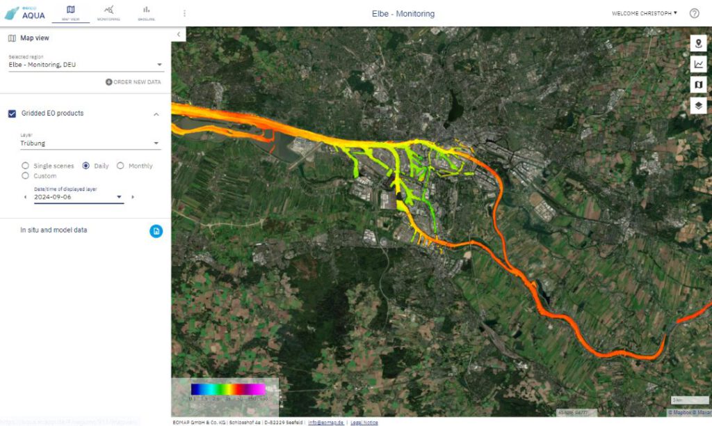 eoapp AQUA screenshot of turbidity on the Elbe River