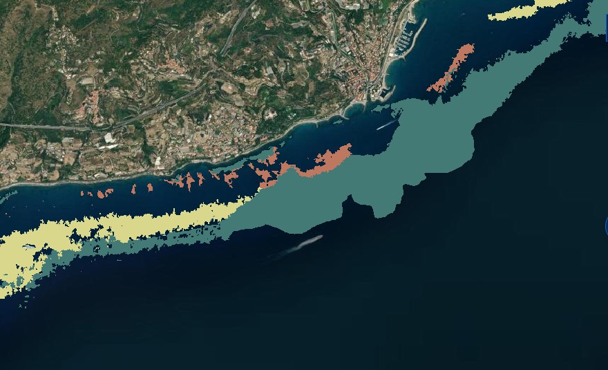 A map with seagrass meadows seen from space along the Ligurian coast, Italy, processed by EOMAP