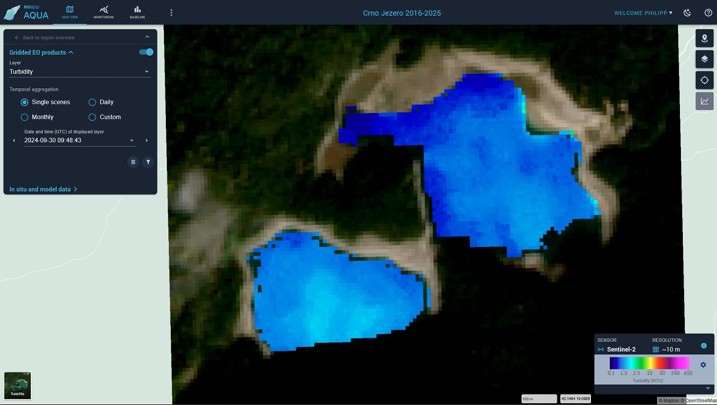 Satellite-based water quality of Black Lake, Crno Jezero, in Montenegro, visualised by EOMAP